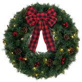 DEWBIN wreath front view showing full decoration and welcoming glow