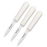 Dexter front view showing three paring knives and white handles for consistent performance