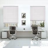 DEZ FURNISHINGS front view pearl white blind shows neat room-darkening benefit