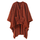 Dgsfmi front view showing caramel wearable blanket and button closure, cozy coverage