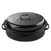 DIMESHY front view of black oval roaster showing glossy enamel finish and lid benefits
