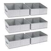 DIMJ front view of six grey trapezoid bins showing organized shelves and tidy look