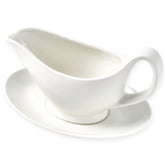 Dinnerlit front view of white porcelain gravy boat showing elegant silhouette and refined look