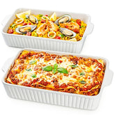 Dizada front view of two 9x13 porcelain casserole dishes showing modern aesthetic and versatility