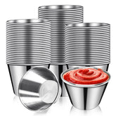 DJZZ front view of 50-pack metal sauce cups showing uniform set and professional look