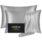 DKBslik front packaging showing grey silk pillowcases and luxury appeal