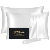 DKBslik front packaging showing white queen silk pillowcases and gift box benefit: elegant presentation