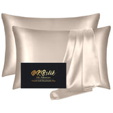 DKBslik front packaging showing two champagne silk pillowcases and gift box benefit elegant presentation