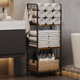 Dmticoasis front view of freestanding towel rack showing stable storage benefit