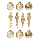 DN DECONATION front view of champagne gold ornament set, elegant tree-ready display