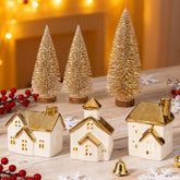 DN DECONATION front view of three ceramic houses showcasing elegant holiday centerpiece