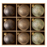 DN DECONATION front view of nine matte glass ornaments showcasing color set and packaging
