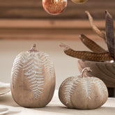 DN DECONATION duo front view showing carved-leaf pumpkins for instant autumn charm