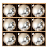 DN DECONATION front view of nine silver matte glass ornaments showing clean styling benefit