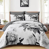 Dobuyly comforter front view showing gray floral print and neat finish