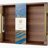 Dofira acacia wood tray front view showing rustic finish and handles for stylish serving