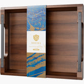 Dofira tray front view showing elegant acacia rim and metal handles, stylish serving benefit
