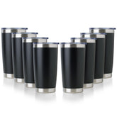 DOMICARE front view of eight 20oz tumblers showing uniform powder black finish and lids, durable look