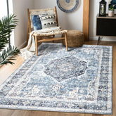 Domitapis front view of light blue 5x7 rug showing design and warmth