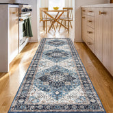 Domitapis runner front view showing vintage blue pattern and entryway appeal
