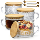 DOPUDO front view of four 14oz glass mugs showing lids and spoons, stylish serving