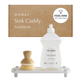 Dorai front view of sandstone sink caddy showing tidy soap placement and quick-dry benefit