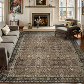 Dotiiorug front view of 8x10 brown floral rug shows vintage charm and room anchoring