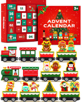 Doviden front packaging showing colorful wooden train advent set, gift-ready