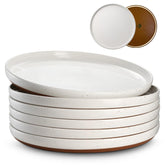 DOWAN front view of six plates showing modern khaki white finish and benefit of coordinated tableware