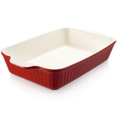 DOWAN front view of red 9x13 casserole dish showing full shape and serving appeal