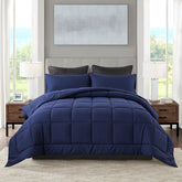 DOWNCOOL front packaging showing blue twin comforter set and included pillowcase for quick identification