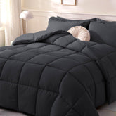 DOWNCOOL front packaging showing folded black king comforter, highlights neat presentation