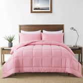 DOWNCOOL front view of queen comforter set shows tidy tailored border and pink hue
