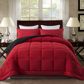 DOWNCOOL full-size comforter on bed showing red and black color and neat fit for cozy sleep