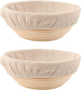 DOYOLLA front view of two 9-inch round proofing baskets showing set and liners for consistent shaping