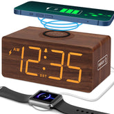 DreamSky front view wooden digital alarm clock showing clear time and tidy bedside benefit