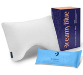 DreamyBlue front view of Moon Pillow showing contoured shape and neat cover for better shoulder support