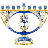 The Dreidel Company front view of Hamsa menorah showing decorative design and gift appeal