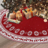 Dremisland front view of red knit tree skirt hides stand and adds warmth