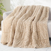 Drewin blanket front view showing beige reversible design and cozy look