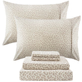 Drozeeo front view of beige cheetah queen sheet set showing packaging and pattern benefit