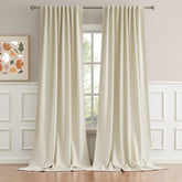 DUALIFE front view beige curtains showing full-length coverage and elegant drape