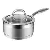 Duxtop saucepan front view showing polished stainless steel and capacity benefit