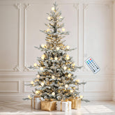 DWVO 6ft front view of prelit flocked tree showing full festive silhouette and instant setup