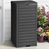 DWVO front view of outdoor trash can showing tidy hideaway benefit