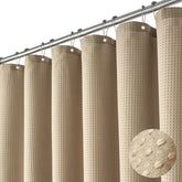 Dynamene front view beige waffle curtain showing neat drape and spa-like look