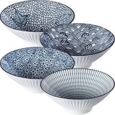 Dyware front view of four blue and white bowls showing pattern and size benefits