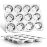 E-far muffin pan front view showing durable stainless steel and full 12-cup layout for even baking