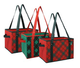 Earthwise holiday plaid front view showing bag structure and capacity benefit