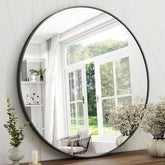 Easly 42 inch round mirror front view showing clean black frame and clear reflection benefit